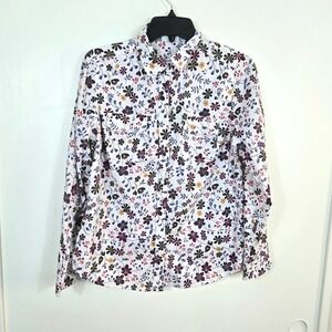 St John's Bay Womens White Multi Floral Boho Button Shirt Medium Petite Cottage